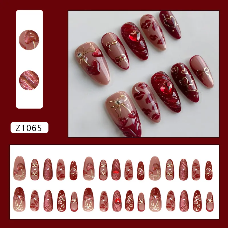 3D Cat Eye Heart-Shaped Cherry Hollow Bow French Style Removable Wearable Fake Nails Glue 30 Pieces Suit display picture 1