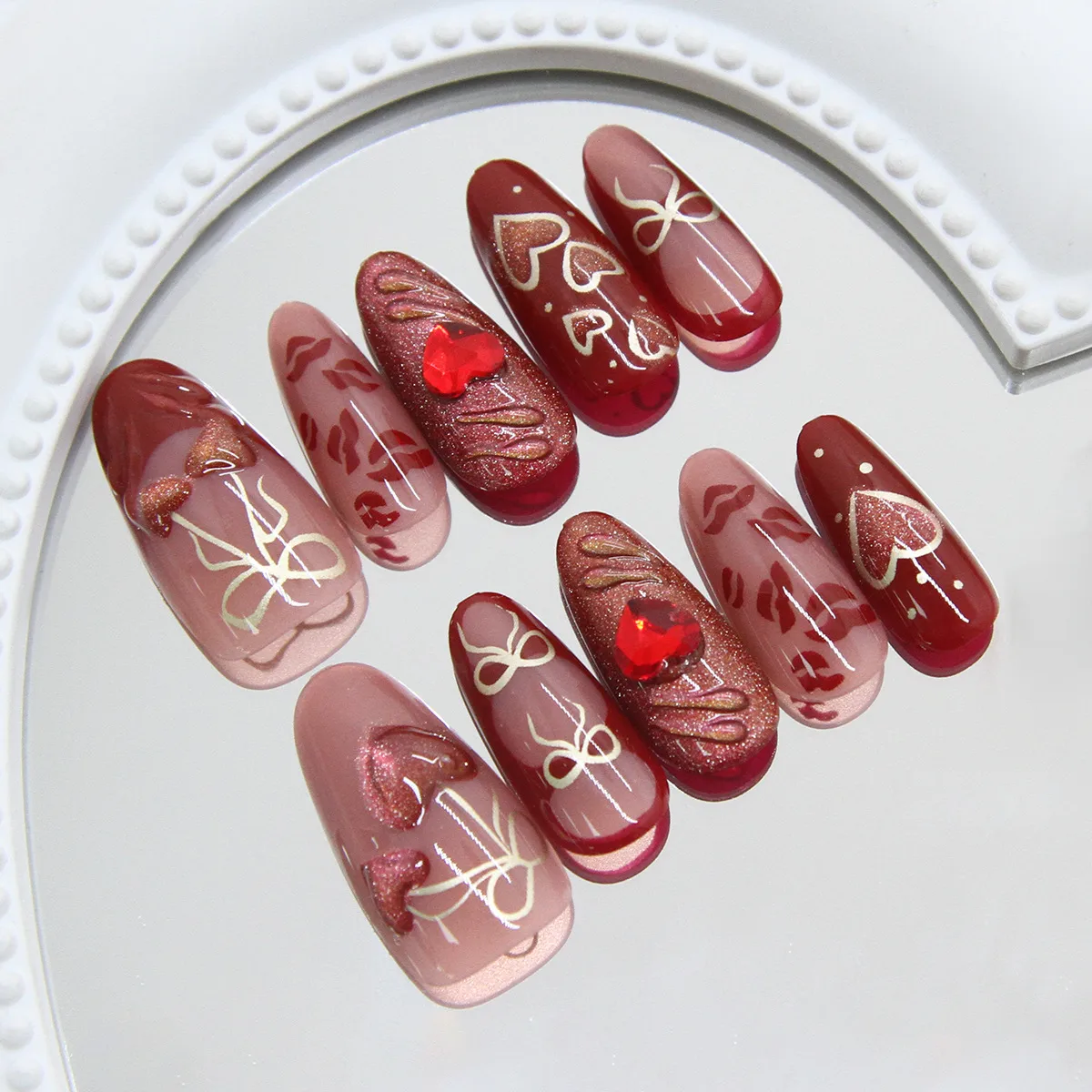 3D Cat Eye Heart-Shaped Cherry Hollow Bow French Style Removable Wearable Fake Nails Glue 30 Pieces Suit display picture 2
