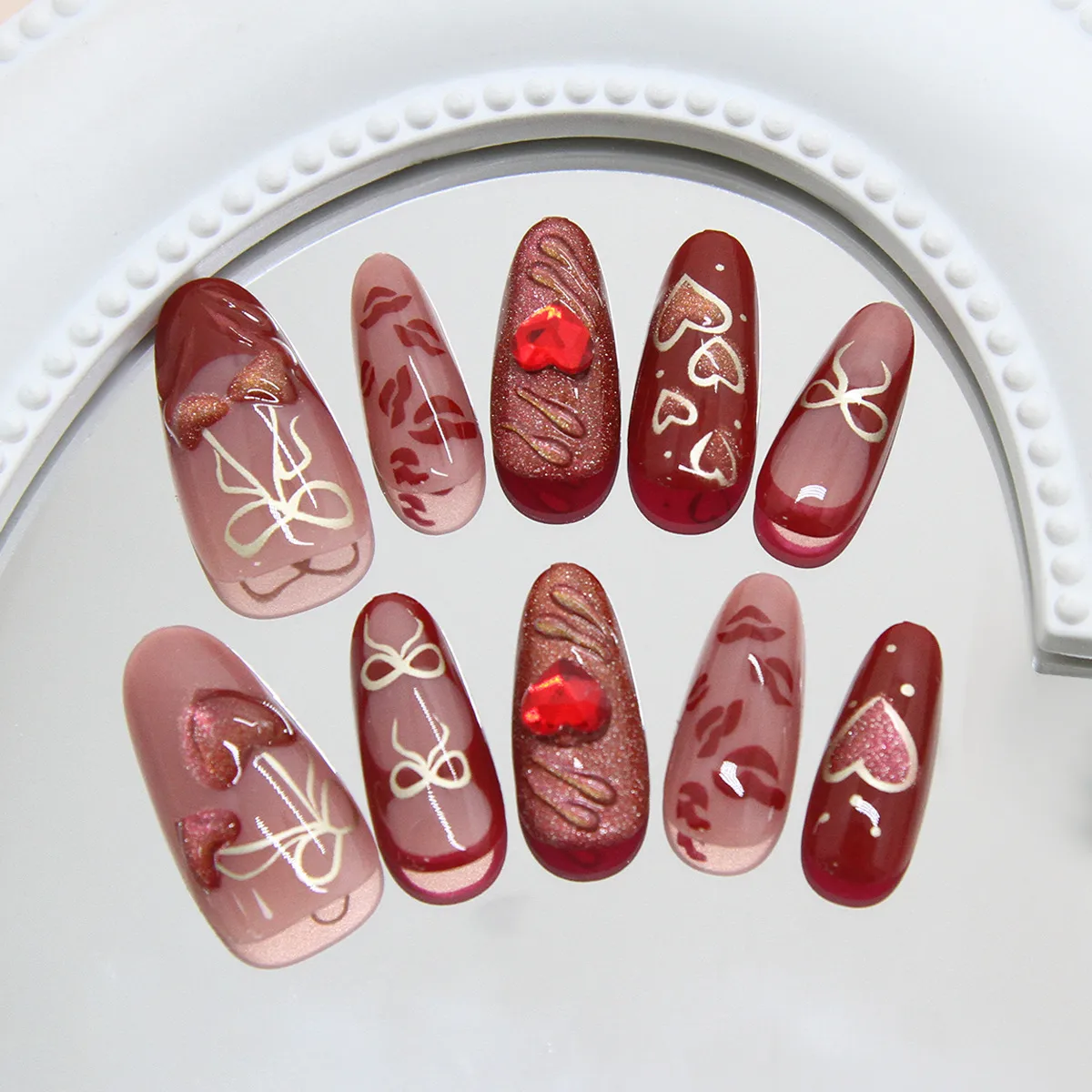 3D Cat Eye Heart-Shaped Cherry Hollow Bow French Style Removable Wearable Fake Nails Glue 30 Pieces Suit display picture 3