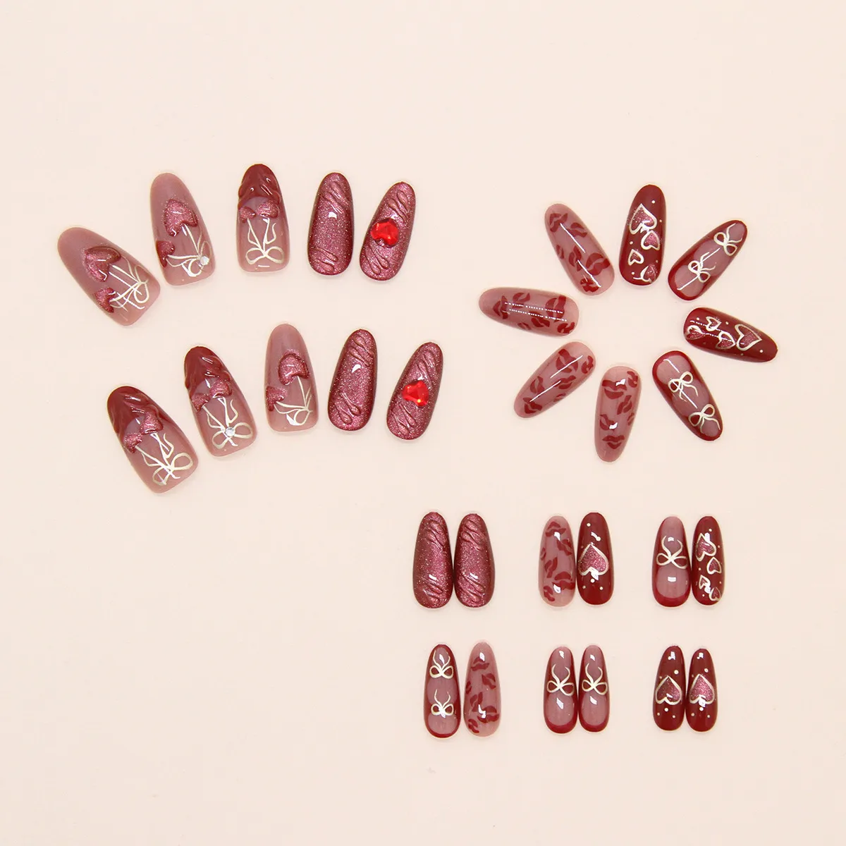 3D Cat Eye Heart-Shaped Cherry Hollow Bow French Style Removable Wearable Fake Nails Glue 30 Pieces Suit display picture 4