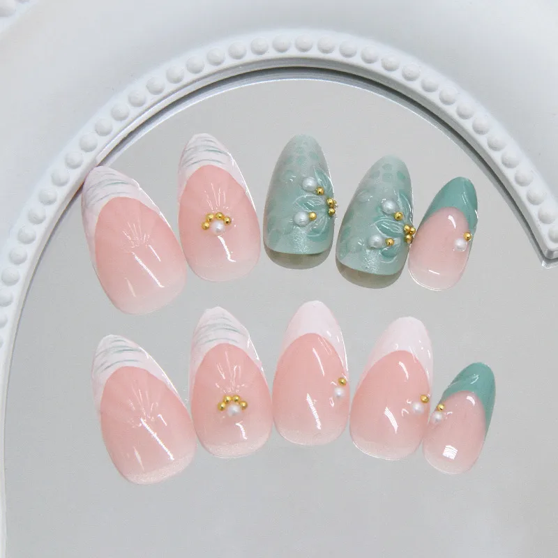 Detachable 3D Shell Pattern Green Camellia Pearl French Style Nail Decoration Multifunctional  INS Fashion display picture 3