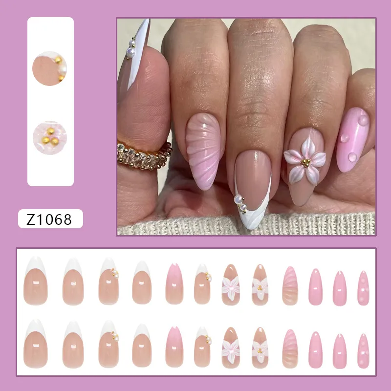 3D Gentle Carving Lily Gradient Pearl Wave White Enhanced Nail Art Multifunctional Removable French Style Glitter Sweet 24 Pieces display picture 1