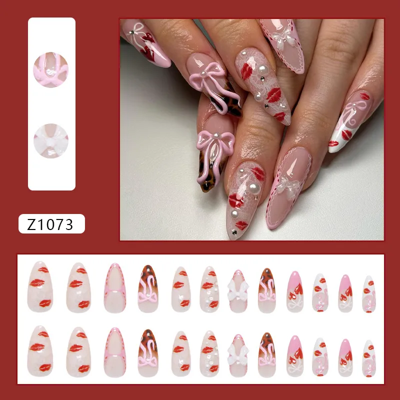 3D Detachable Bowknot Glitter Diamond Pearl Leopard Print Sexy Girl Nail Art Pieces Wearable Fake Nails 24 PCs Set display picture 1