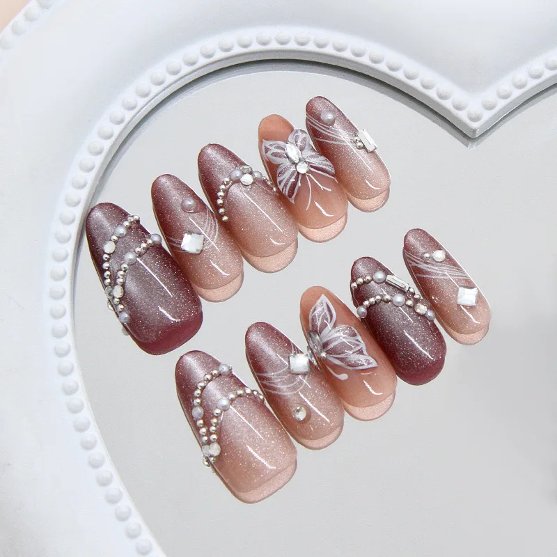 30 PCs Removable Shiny Pearl Gradient Butterfly Line Cat Eye Wearable Nail Tip Shiny Sweet Style Nail Art display picture 2