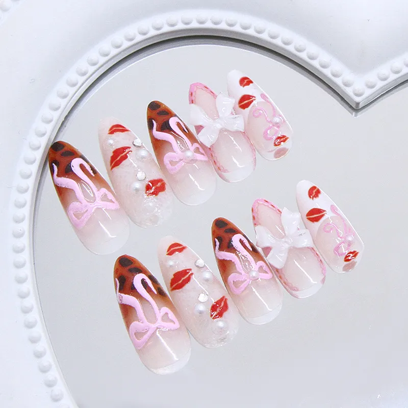 3D Detachable Bowknot Glitter Diamond Pearl Leopard Print Sexy Girl Nail Art Pieces Wearable Fake Nails 24 PCs Set display picture 2