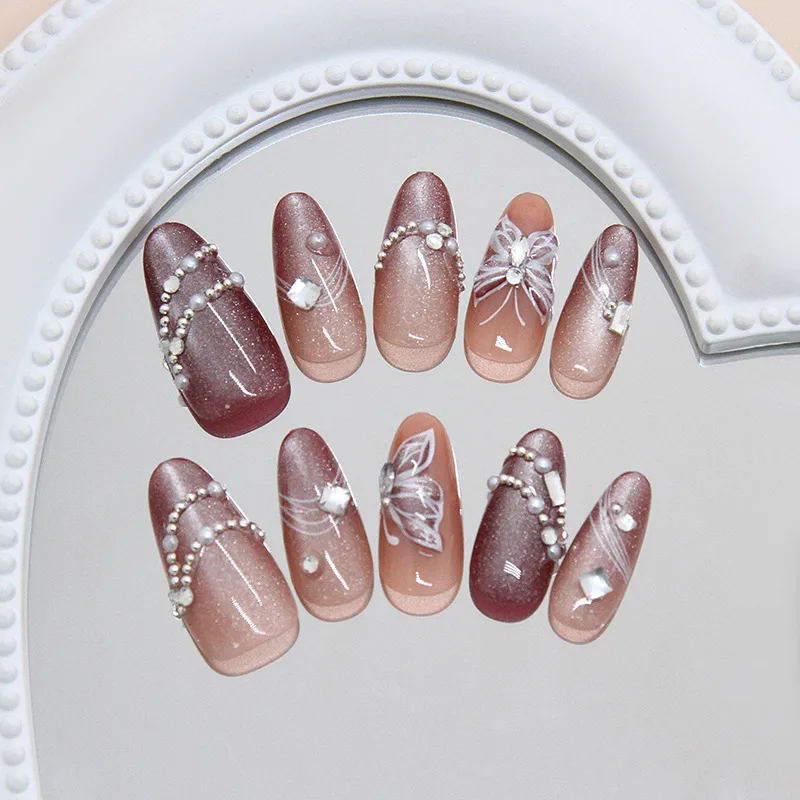 30 PCs Removable Shiny Pearl Gradient Butterfly Line Cat Eye Wearable Nail Tip Shiny Sweet Style Nail Art display picture 3