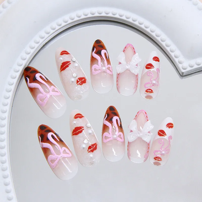 3D Detachable Bowknot Glitter Diamond Pearl Leopard Print Sexy Girl Nail Art Pieces Wearable Fake Nails 24 PCs Set display picture 3