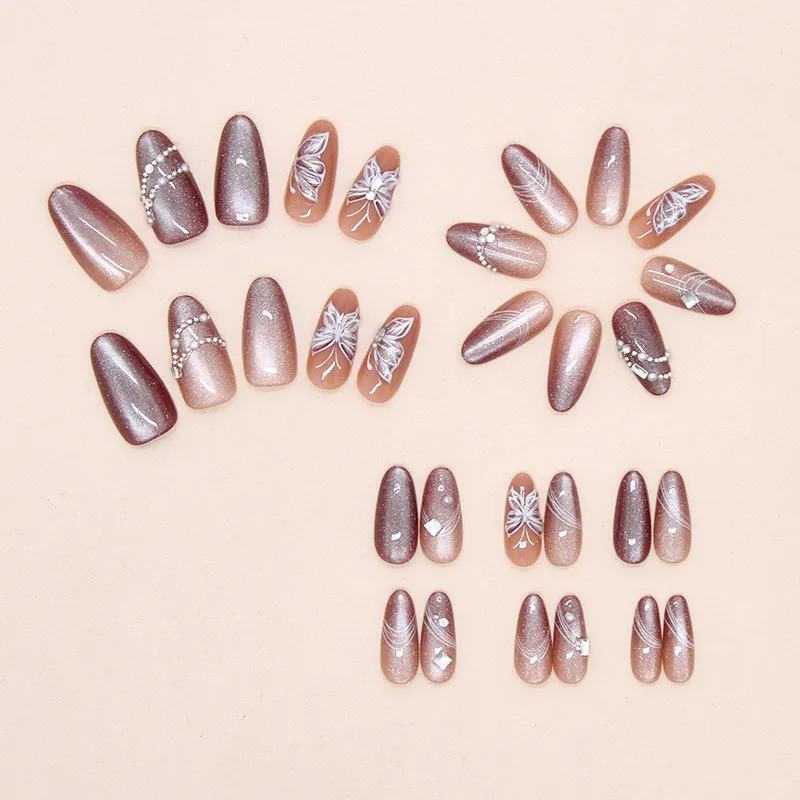 30 PCs Removable Shiny Pearl Gradient Butterfly Line Cat Eye Wearable Nail Tip Shiny Sweet Style Nail Art display picture 4