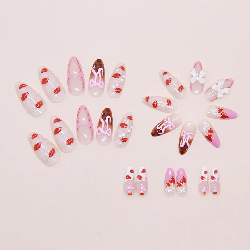 3D Detachable Bowknot Glitter Diamond Pearl Leopard Print Sexy Girl Nail Art Pieces Wearable Fake Nails 24 PCs Set display picture 4