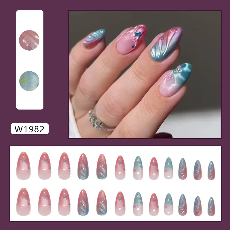 Blue Gradient Cat Eye 3D Wave Pressed Nail Ins Style Wearable Fake Nails 24 Pack Sweet Cool European Fashion display picture 1