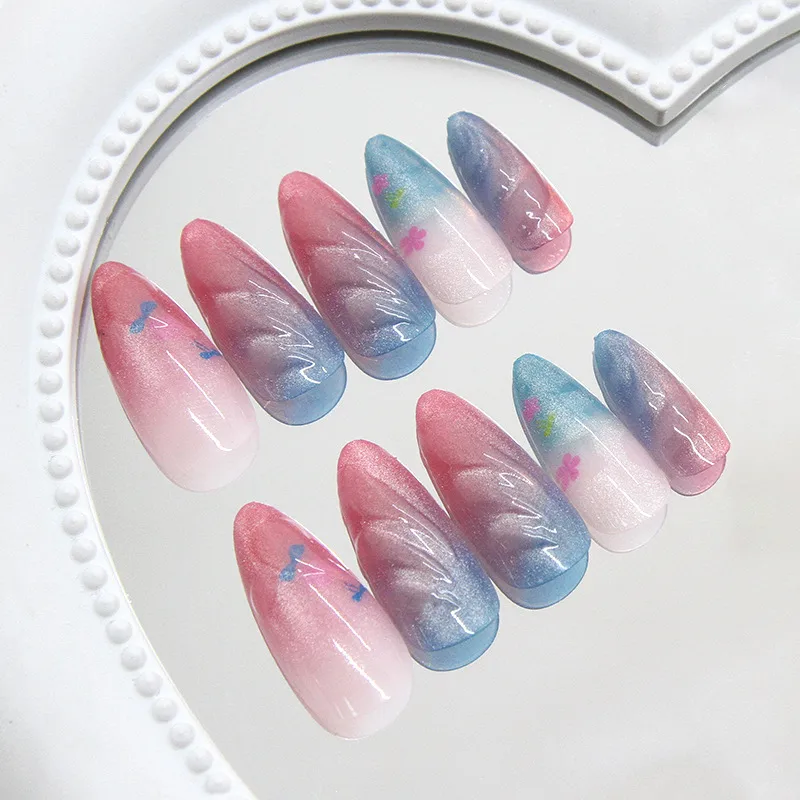 Blue Gradient Cat Eye 3D Wave Pressed Nail Ins Style Wearable Fake Nails 24 Pack Sweet Cool European Fashion display picture 2
