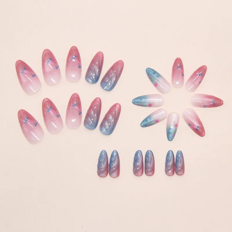 Blue Gradient Cat Eye 3D Wave Pressed Nail Ins Style Wearable Fake Nails 24 Pack Sweet Cool European Fashion display picture 4