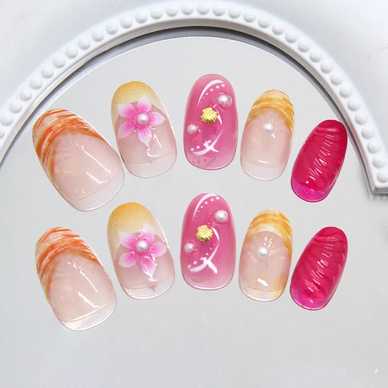 Sweet Short Almond Nail Tip French Flower Pearl Shell Design Removable Shiny Nails 24 Pieces  Style display picture 3