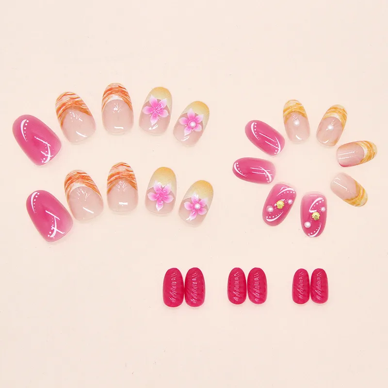 Sweet Short Almond Nail Tip French Flower Pearl Shell Design Removable Shiny Nails 24 Pieces  Style display picture 4