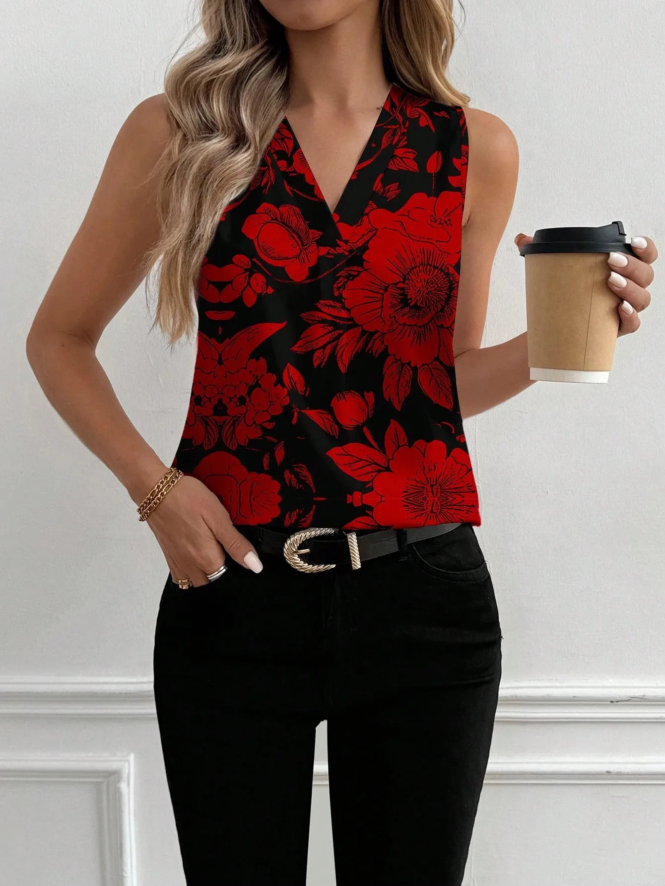 Summer New Fashion Sleeveless Floral Print Casual V-neck T-shirt Vest Women's Clothing European Style Comfortable Commuter Style display picture 2
