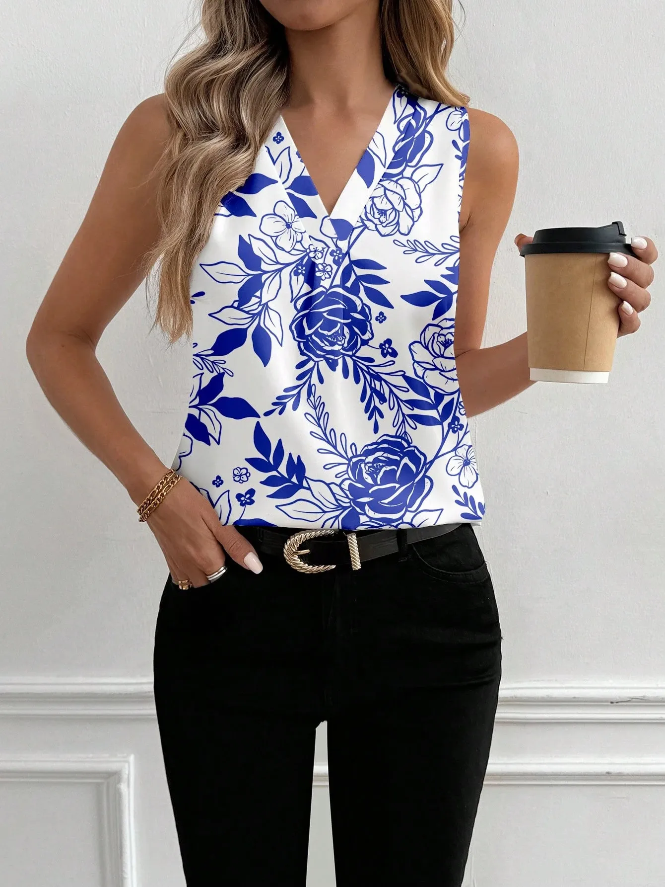 Summer New Fashion Sleeveless Floral Print Casual V-neck T-shirt Vest Women's Clothing European Style Comfortable Commuter Style display picture 33