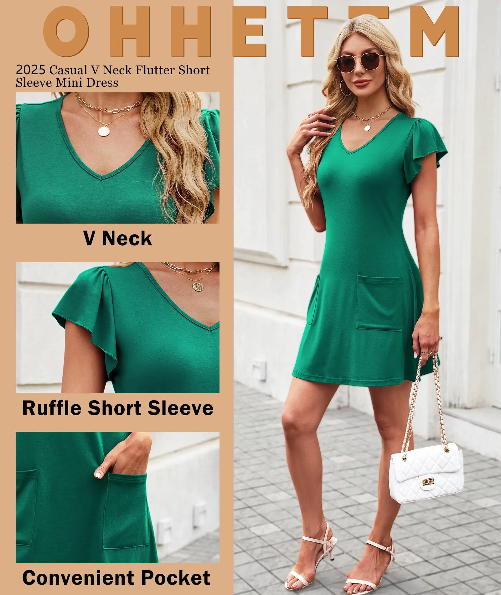 New Casual Solid Color And V-neck Short Sleeve Dress With Pockets Fashion  Style Style Midi A- Line Skirt display picture 2
