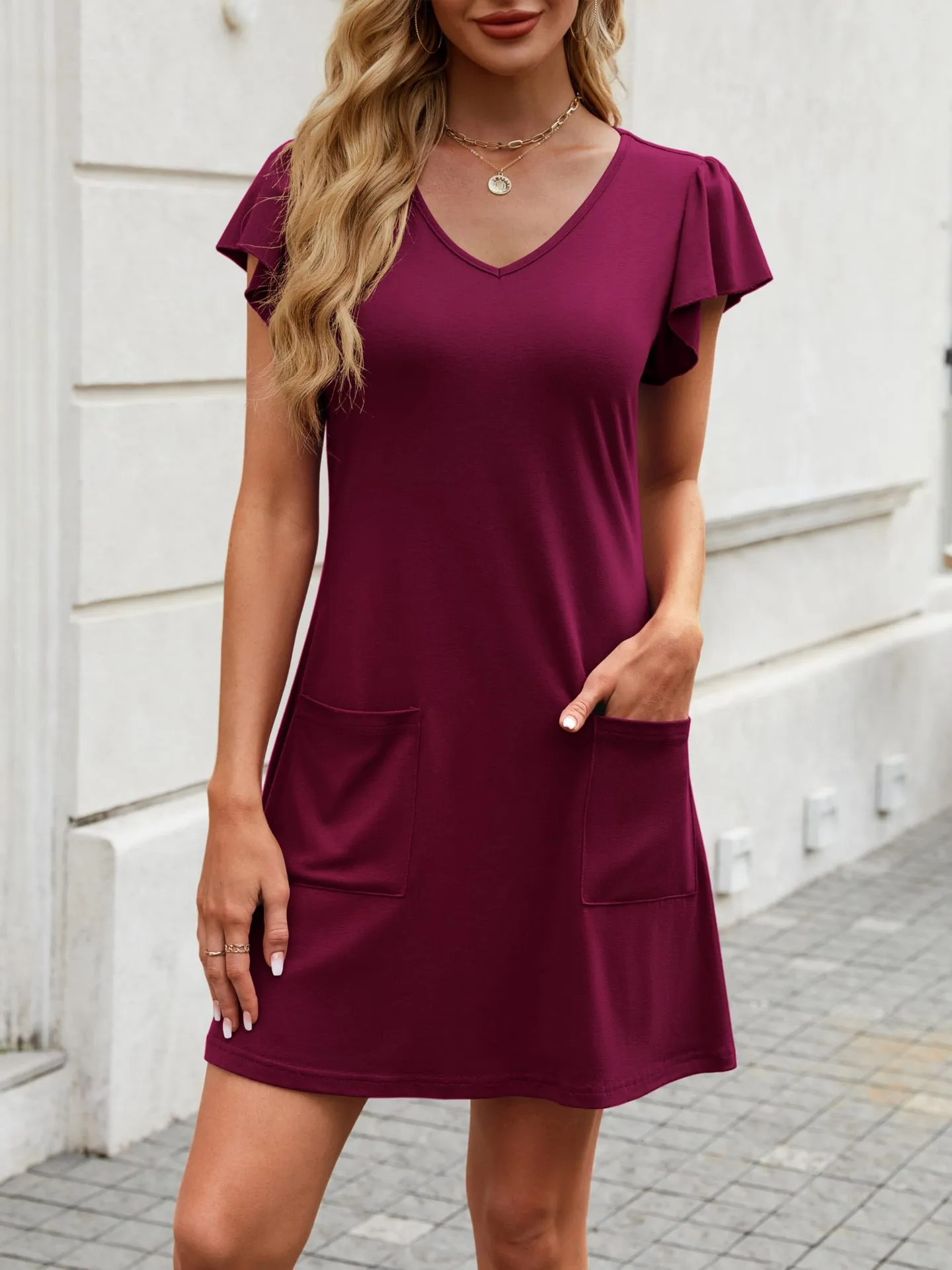 New Casual Solid Color And V-neck Short Sleeve Dress With Pockets Fashion  Style Style Midi A- Line Skirt display picture 10