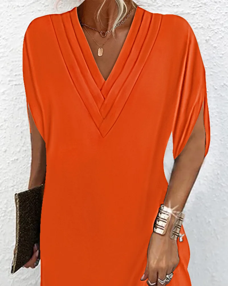 New Women's Spring Summer V-neck Pleated Batwing Sleeve Dress Elegant Commute City Style Knee-length Dress display picture 1