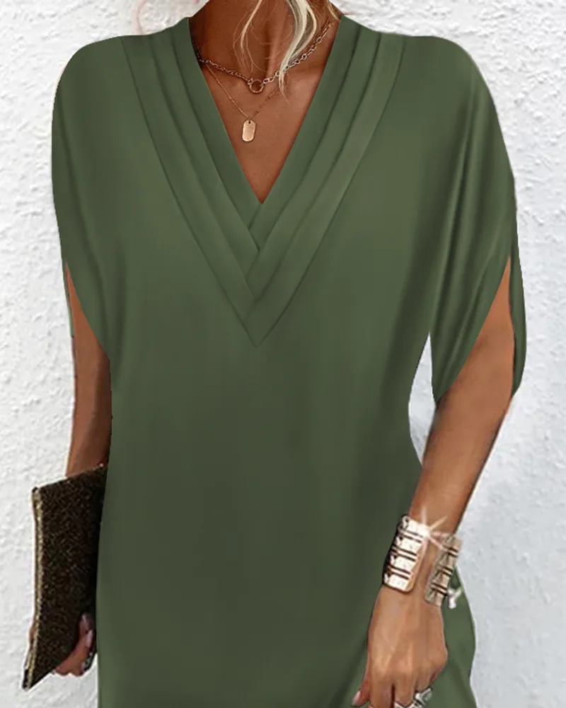 New Women's Spring Summer V-neck Pleated Batwing Sleeve Dress Elegant Commute City Style Knee-length Dress display picture 6