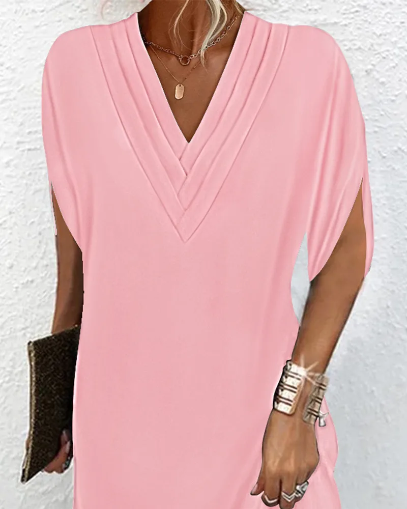 New Women's Spring Summer V-neck Pleated Batwing Sleeve Dress Elegant Commute City Style Knee-length Dress display picture 9