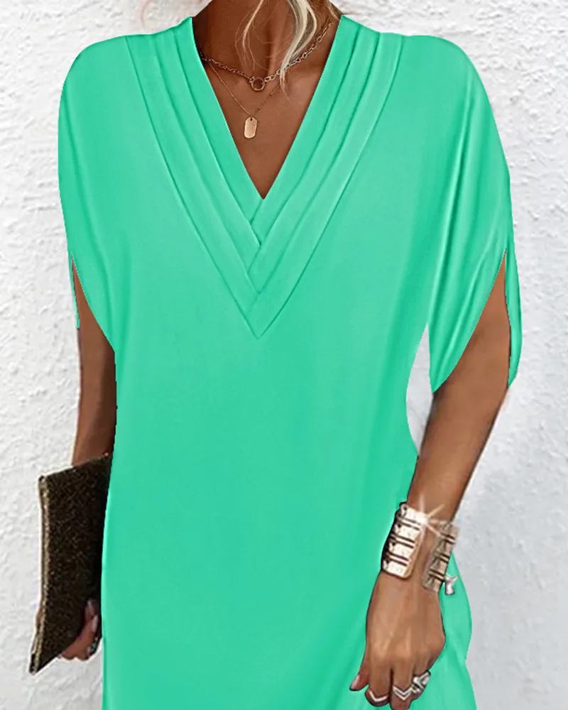 New Women's Spring Summer V-neck Pleated Batwing Sleeve Dress Elegant Commute City Style Knee-length Dress display picture 11
