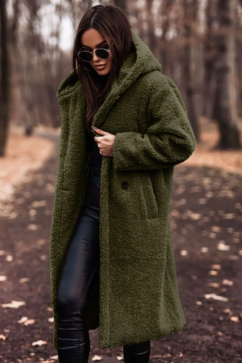 Wish2025 Autumn Winter Fashion Long Length Solid Color Long Sleeve Women's Woolen Coat Street Style High Street Loose Fit Coat display picture 2