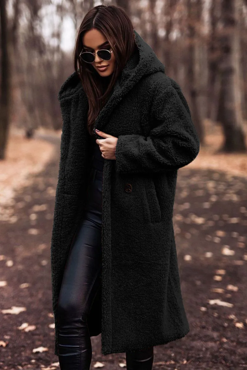Wish2025 Autumn Winter Fashion Long Length Solid Color Long Sleeve Women's Woolen Coat Street Style High Street Loose Fit Coat display picture 4