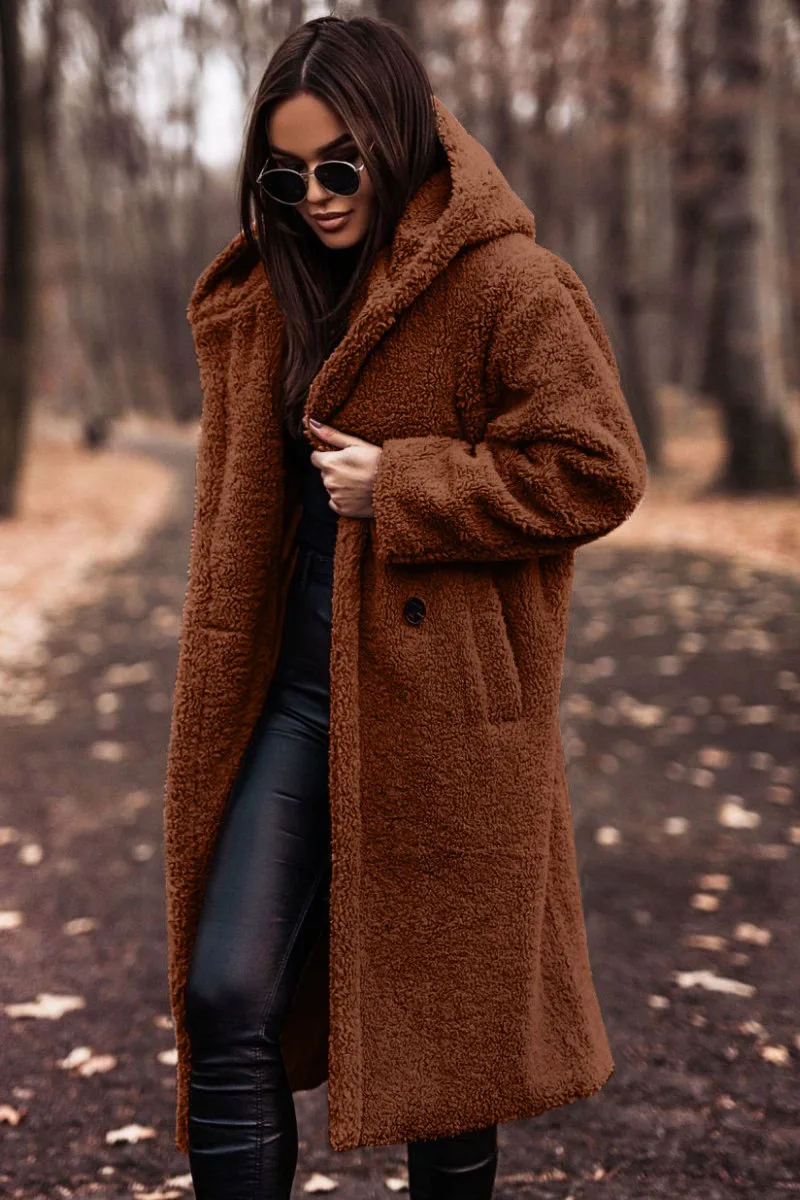 Wish2025 Autumn Winter Fashion Long Length Solid Color Long Sleeve Women's Woolen Coat Street Style High Street Loose Fit Coat display picture 5