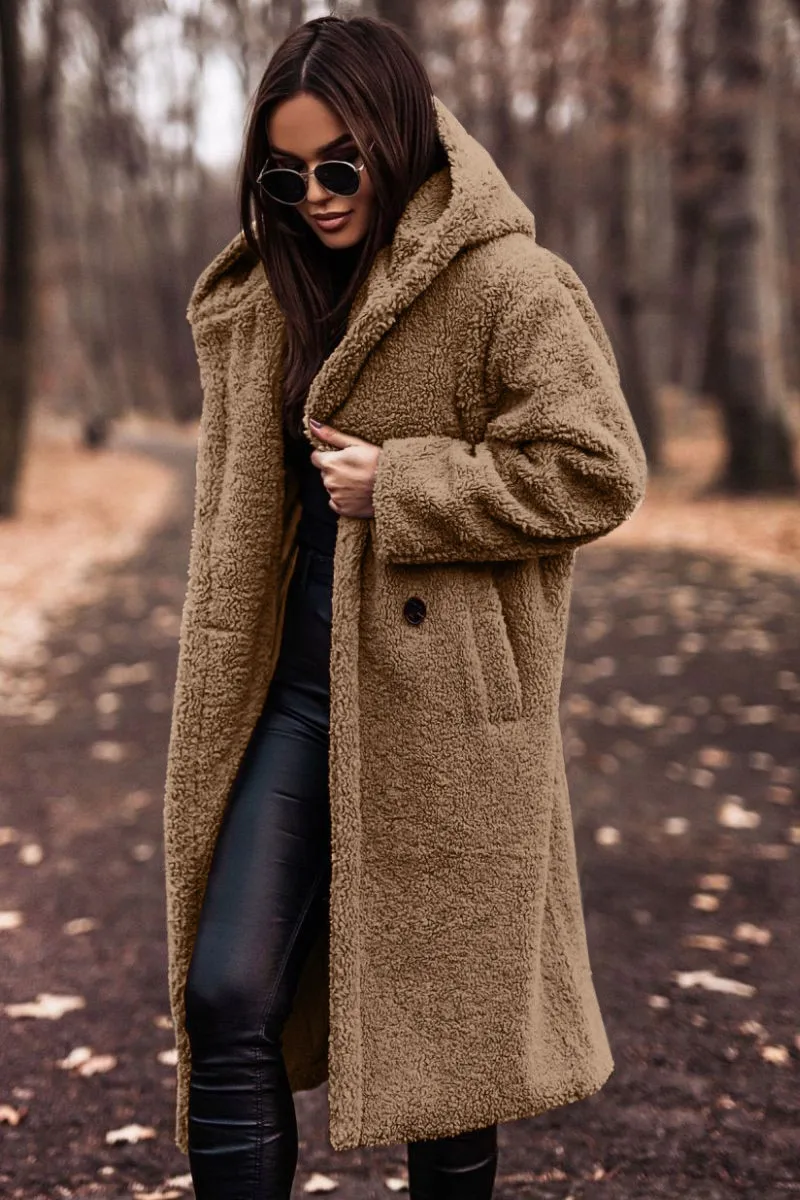 Wish2025 Autumn Winter Fashion Long Length Solid Color Long Sleeve Women's Woolen Coat Street Style High Street Loose Fit Coat display picture 7