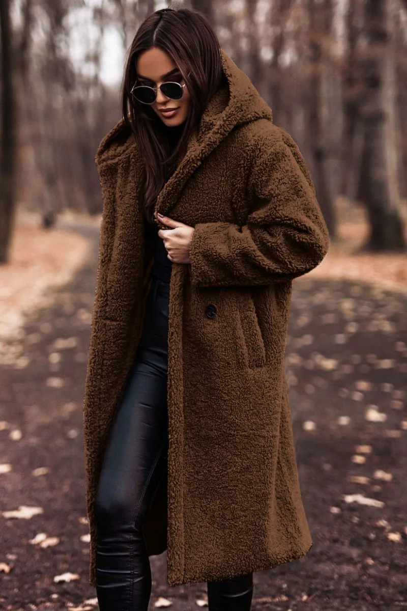 Wish2025 Autumn Winter Fashion Long Length Solid Color Long Sleeve Women's Woolen Coat Street Style High Street Loose Fit Coat display picture 8