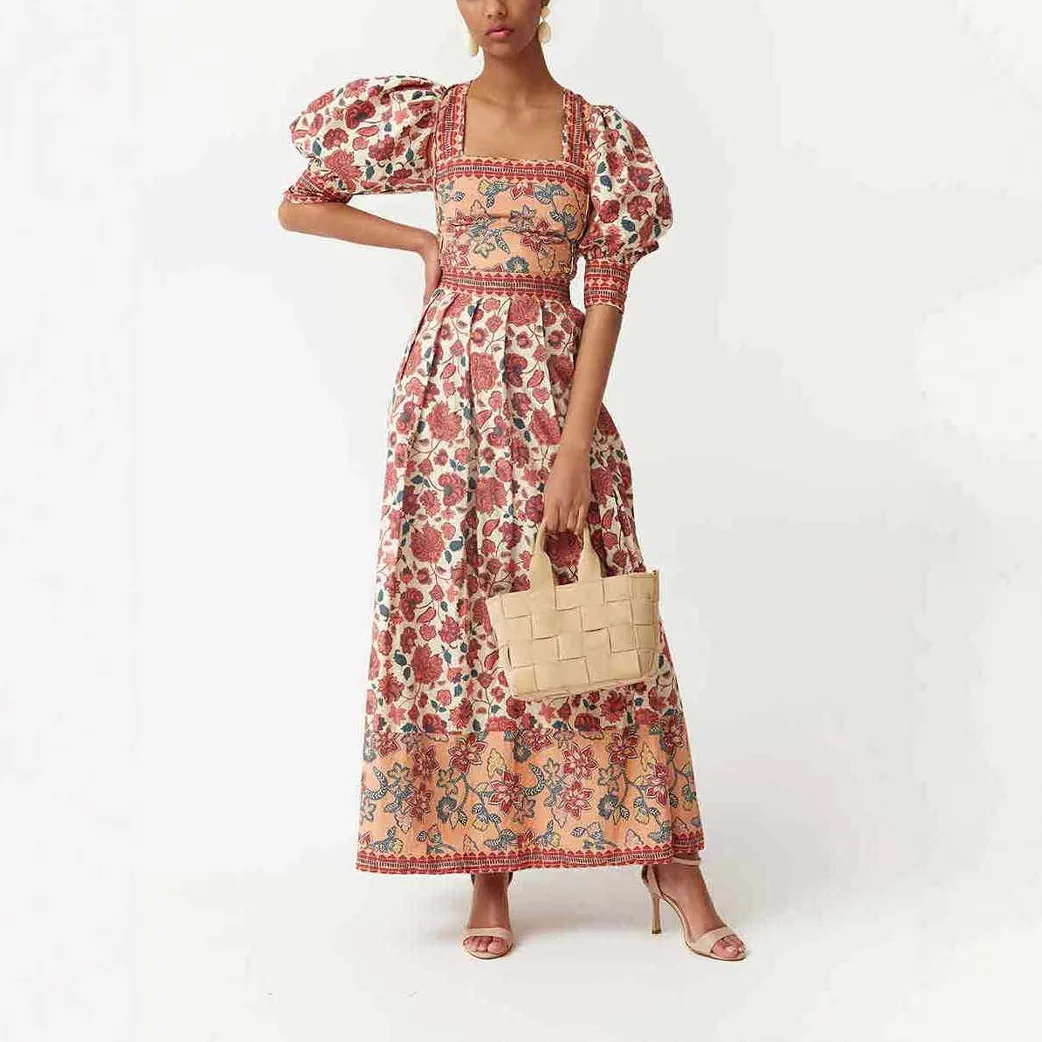 Casual Floral Print Top And Halter Skirt Two-Piece Set Square Collar Midi Skirt Stylish Commute Urban Style Women's Fashion display picture 2