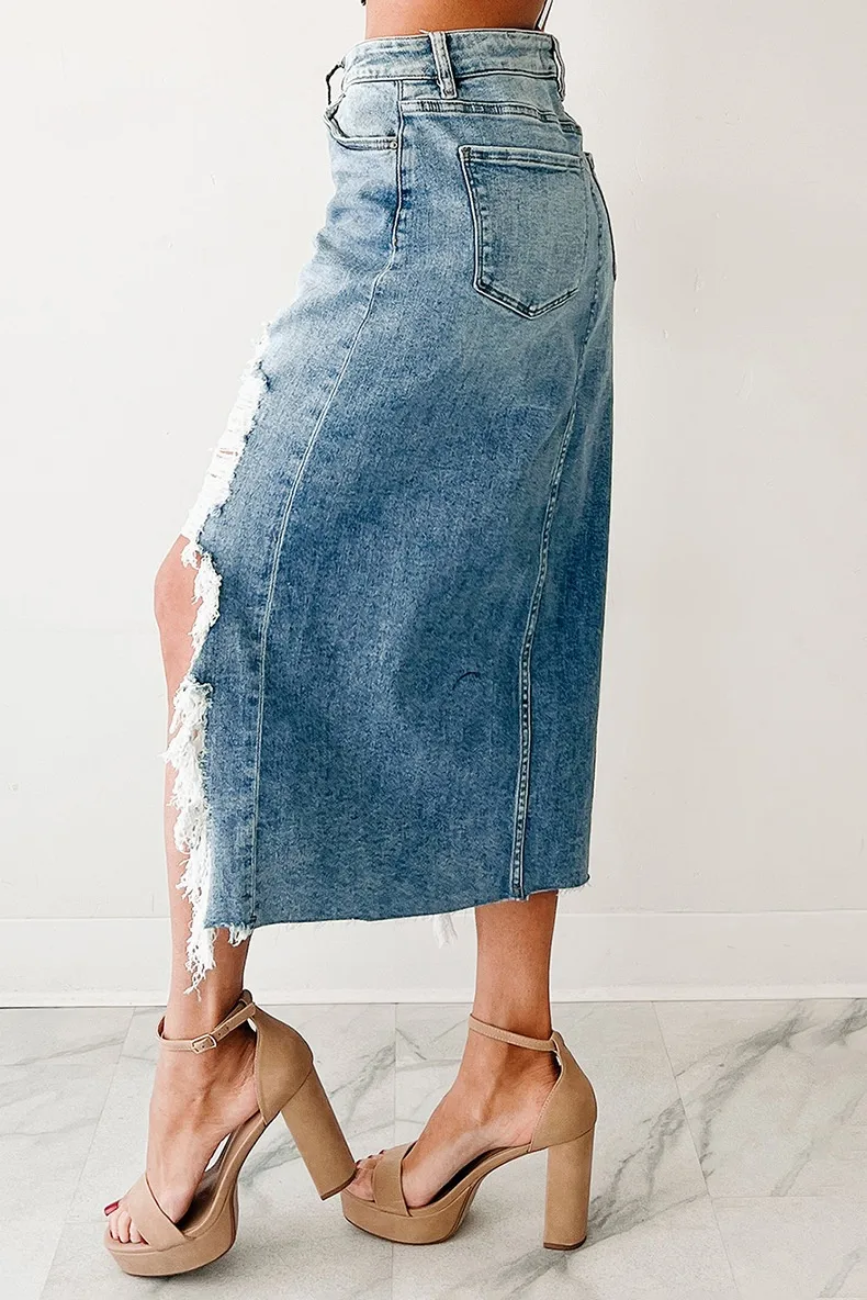 Summer New High Waist Solid Color Mini Skirt Women's Personality Trendy Asymmetrical Hole Denim Skirt Cotton Polyester Fabric display picture 3