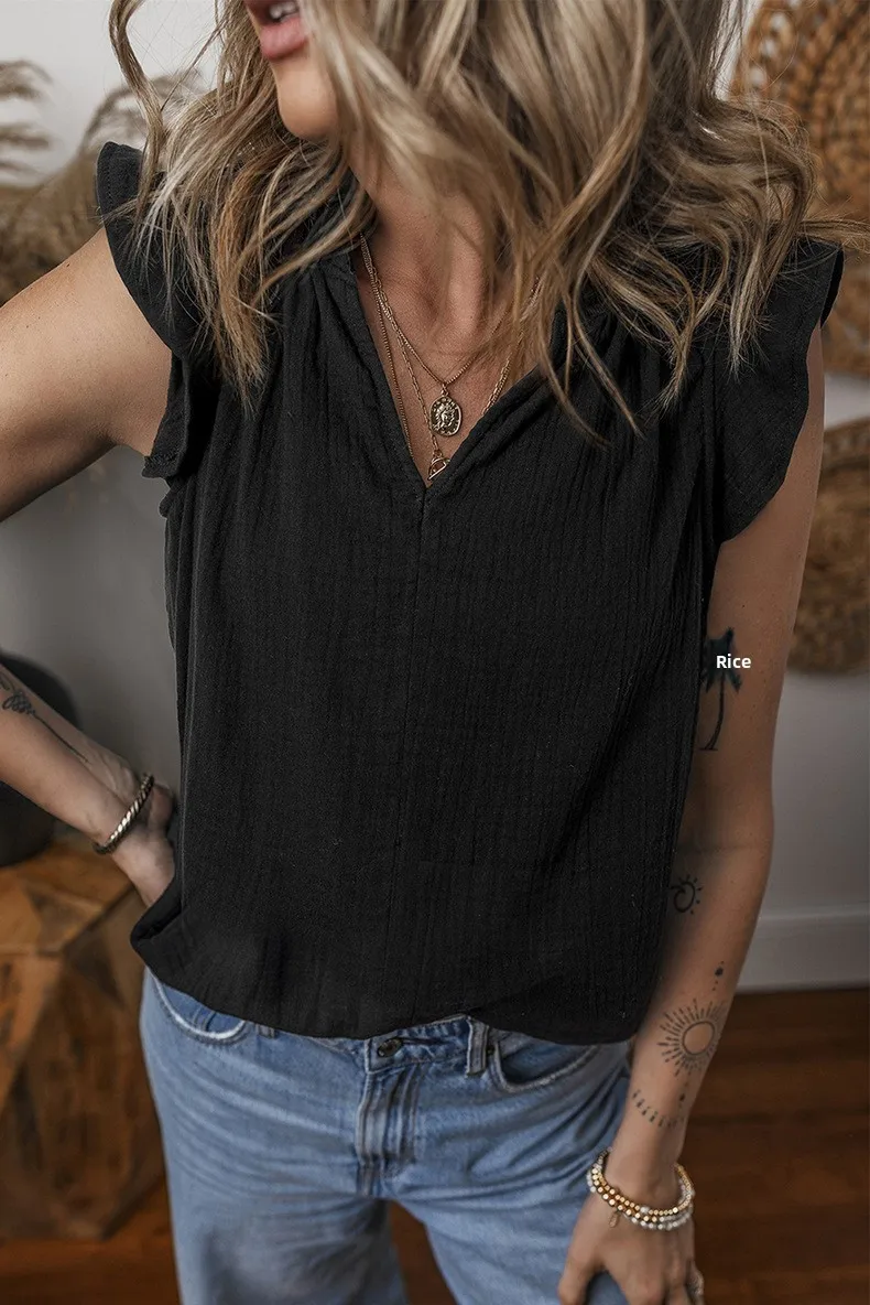 Summer 2025 Women's Pure Color Bell Sleeveless Top Loose V-neck Vest Fashionable Commuting Versatile Cotton Blend Casual Wear display picture 1