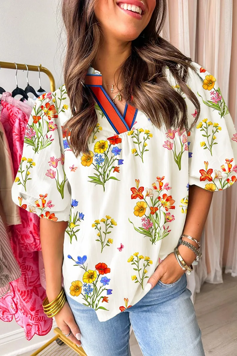 Summer 2025 Women's V-neck Bubble Sleeve Pullover T-shirt Floral Print Casual Loose Fit Short Sleeve Fashion Top display picture 1