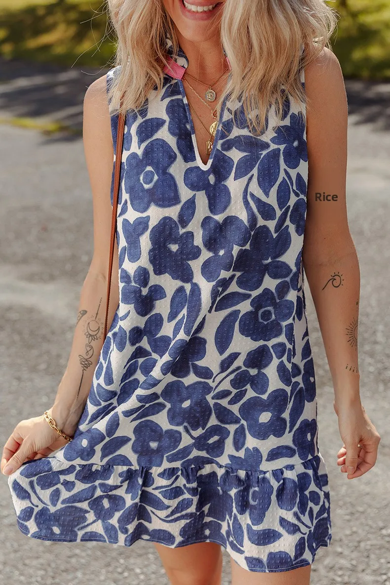Summer 2025 Floral Print V-neck Women's Dress Fashion Loose Knee-length Short Skirt Casual Style High Waist One-step Dress display picture 5