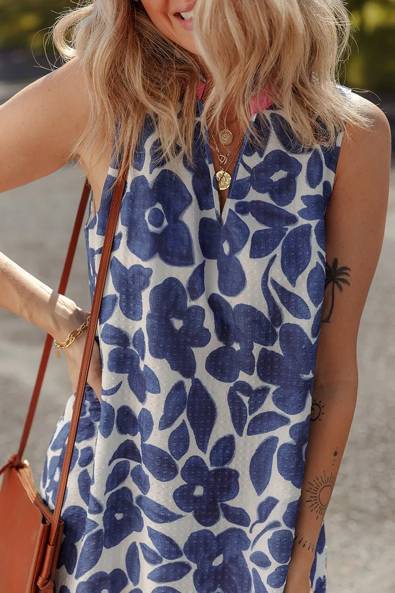 Summer 2025 Floral Print V-neck Women's Dress Fashion Loose Knee-length Short Skirt Casual Style High Waist One-step Dress display picture 6