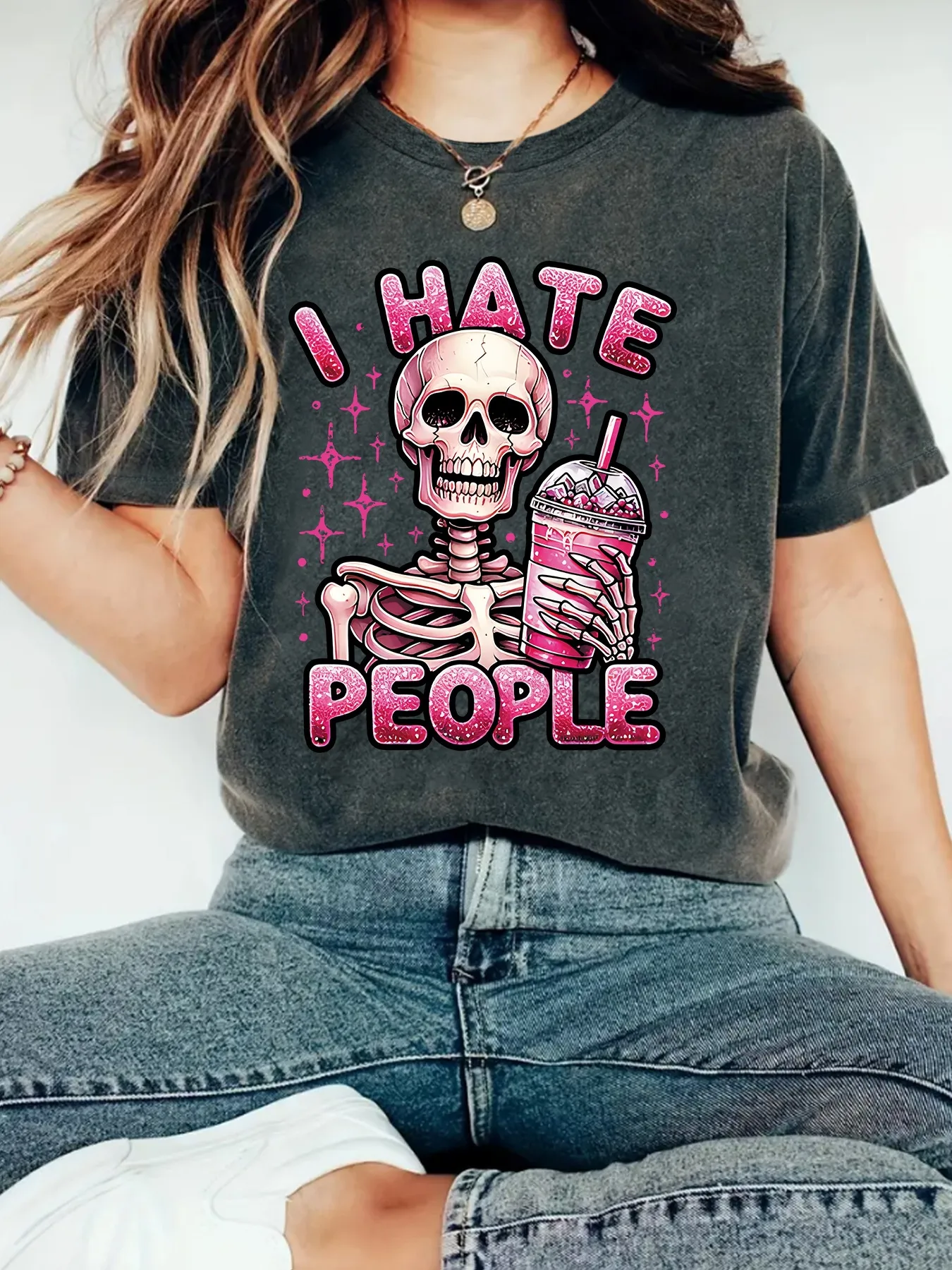 Cute Skeleton Halloween Print Loose Short Sleeve Round Neck T-Shirt Women Casual Comfortable Cotton Polyester Top display picture 3