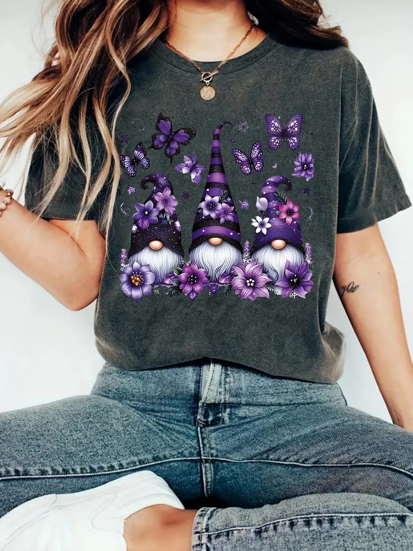 Purple Magic Hat Halloween Print Round Neck Short Sleeve Women's T-shirt Loose Fashion Top Street Style Cotton Polyester Blend display picture 4