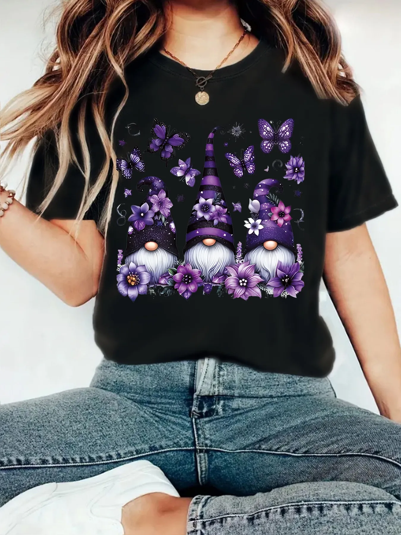 Purple Magic Hat Halloween Print Round Neck Short Sleeve Women's T-shirt Loose Fashion Top Street Style Cotton Polyester Blend display picture 9