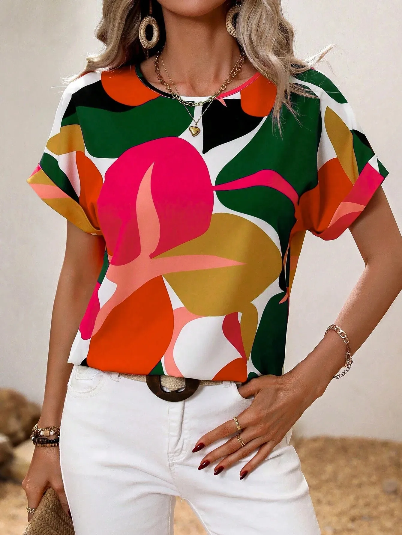 Fashion Short Sleeve Round Neck T-shirt Independent New Summer Printed Top Women's Plant Flower Polyester Fabric Batwing Sleeve display picture 18