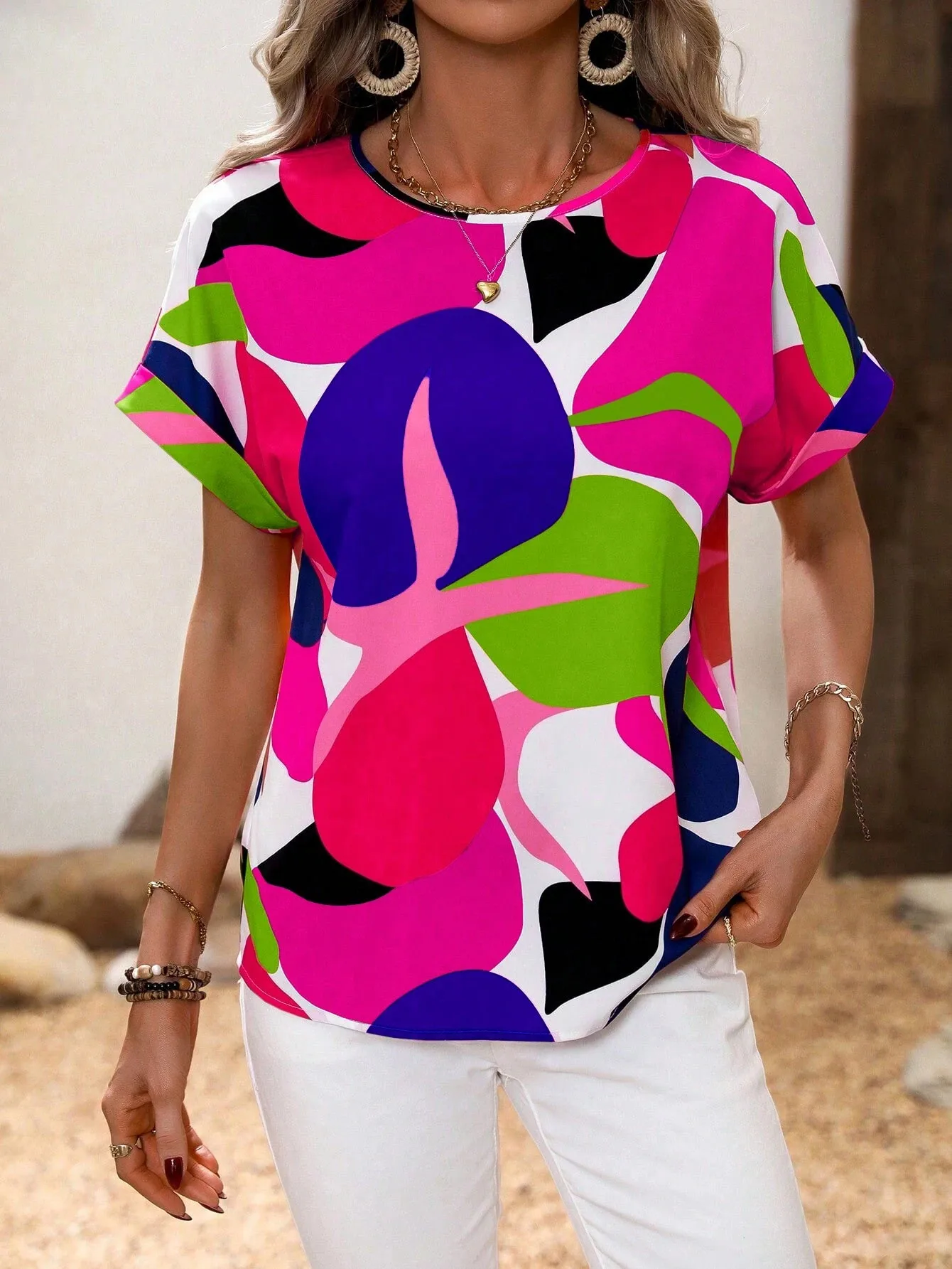 Fashion Short Sleeve Round Neck T-shirt Independent New Summer Printed Top Women's Plant Flower Polyester Fabric Batwing Sleeve display picture 19