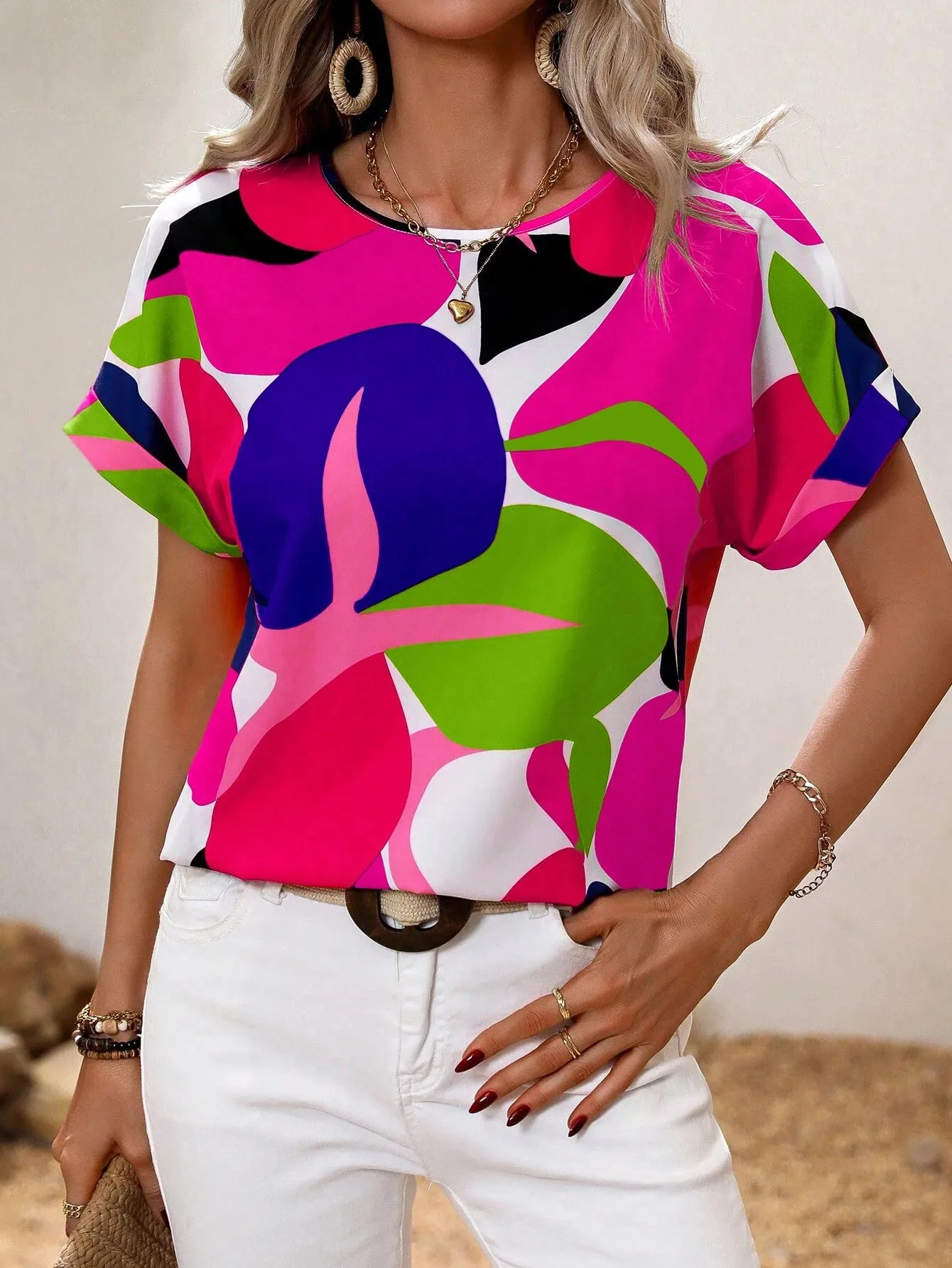 Fashion Short Sleeve Round Neck T-shirt Independent New Summer Printed Top Women's Plant Flower Polyester Fabric Batwing Sleeve display picture 20