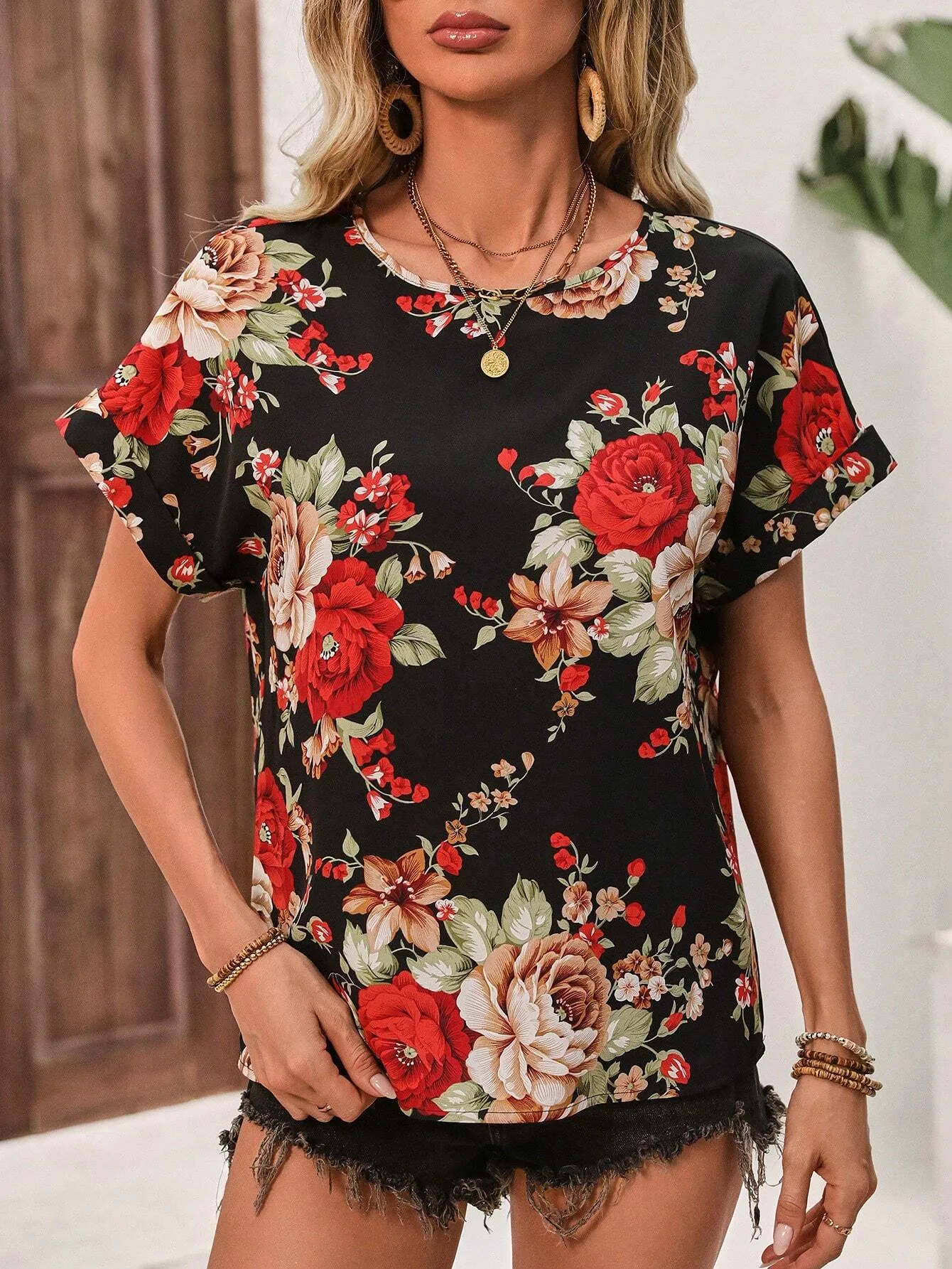 Fashion Short Sleeve Round Neck T-shirt Independent New Summer Printed Top Women's Plant Flower Polyester Fabric Batwing Sleeve display picture 39