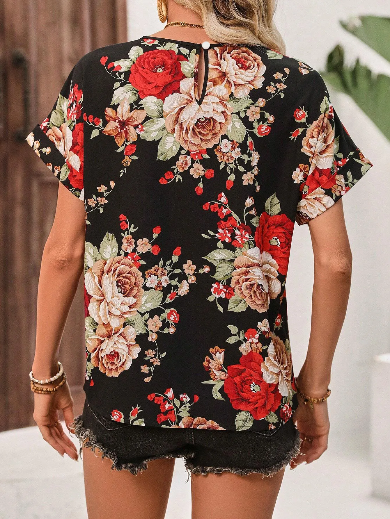 Fashion Short Sleeve Round Neck T-shirt Independent New Summer Printed Top Women's Plant Flower Polyester Fabric Batwing Sleeve display picture 42