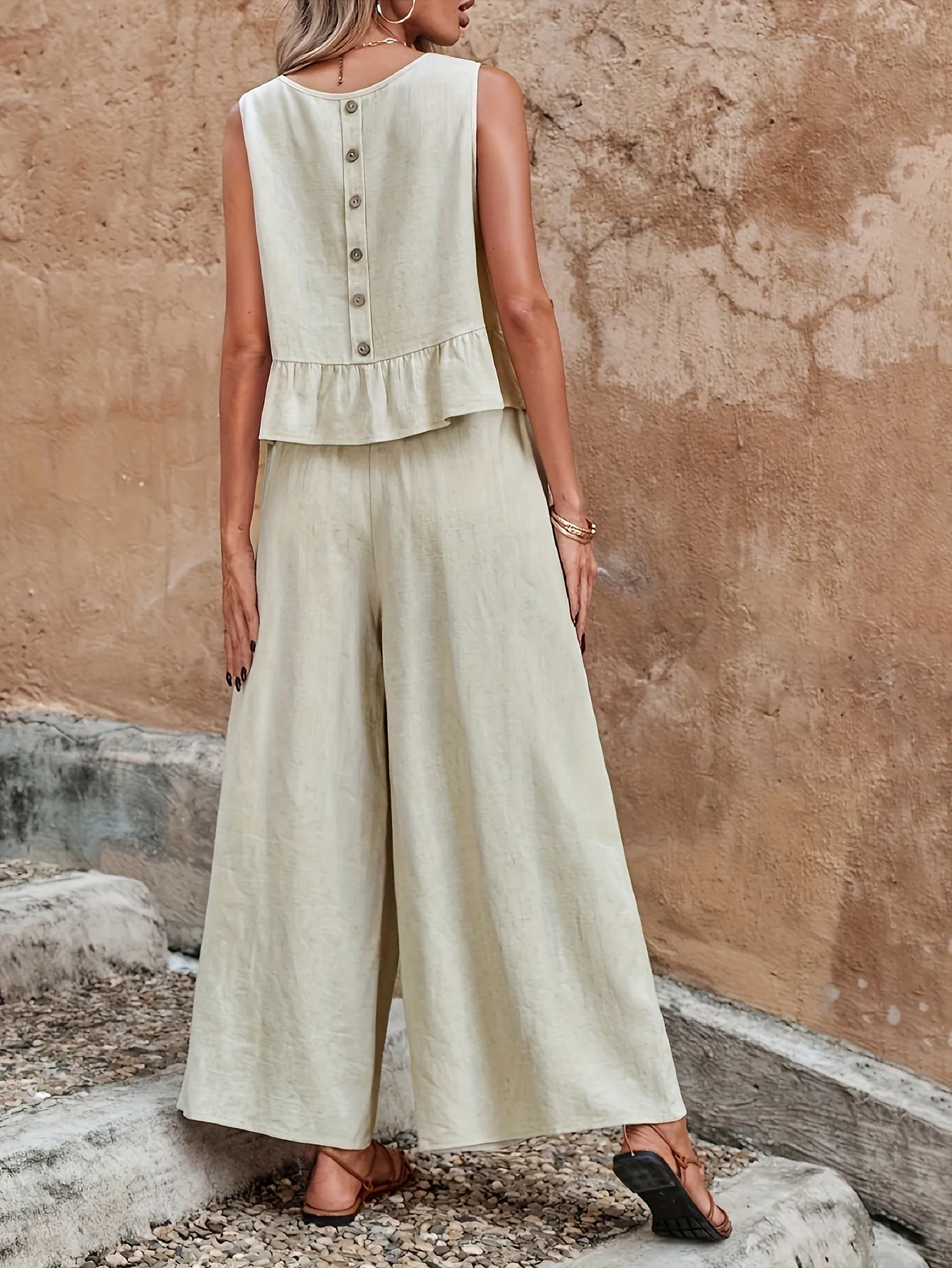 Spring Summer New European Size Ladies Solid Color Ruffle Sleeveless Tank Top And Wide Leg Pants Set Fashion Casual Outfit display picture 1
