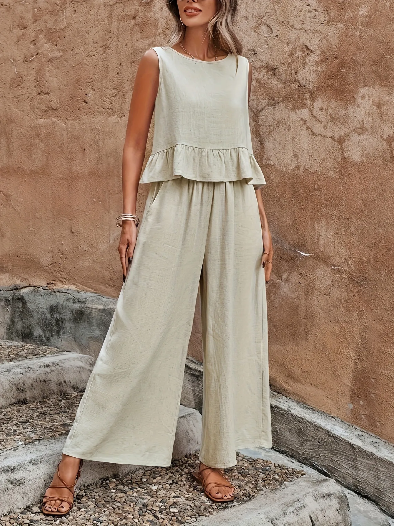 Spring Summer New European Size Ladies Solid Color Ruffle Sleeveless Tank Top And Wide Leg Pants Set Fashion Casual Outfit display picture 2