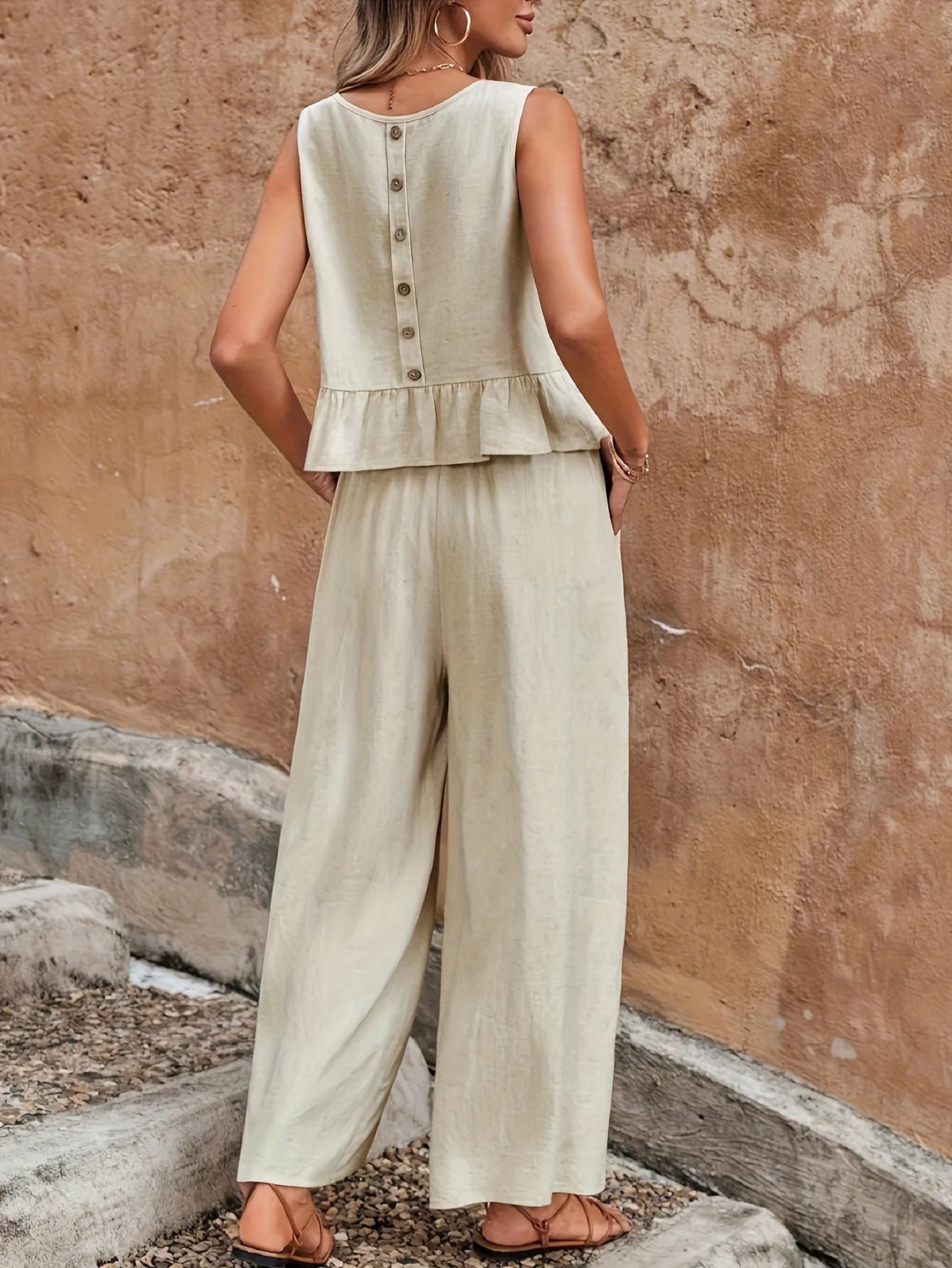 Spring Summer New European Size Ladies Solid Color Ruffle Sleeveless Tank Top And Wide Leg Pants Set Fashion Casual Outfit display picture 3