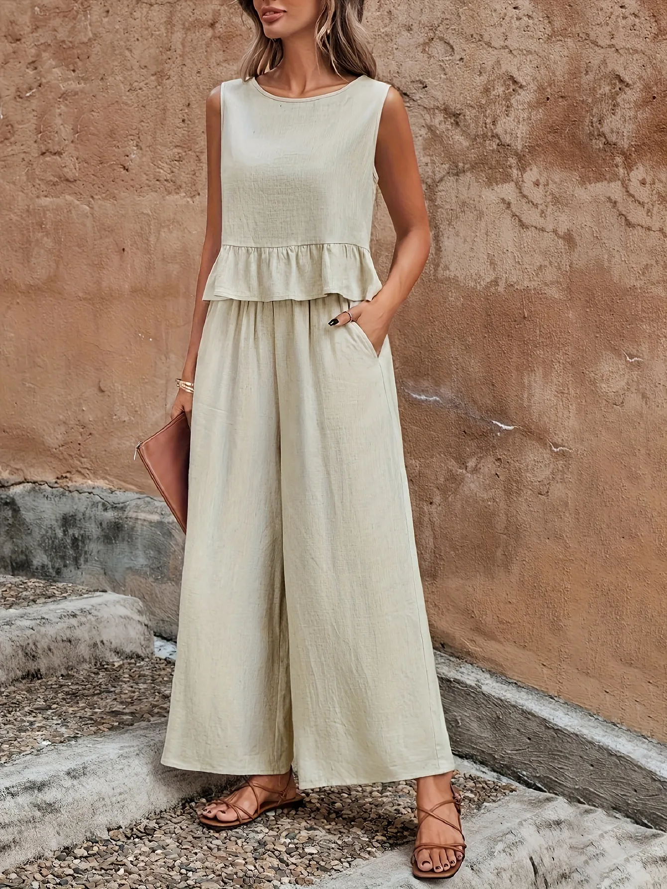 Spring Summer New European Size Ladies Solid Color Ruffle Sleeveless Tank Top And Wide Leg Pants Set Fashion Casual Outfit display picture 5
