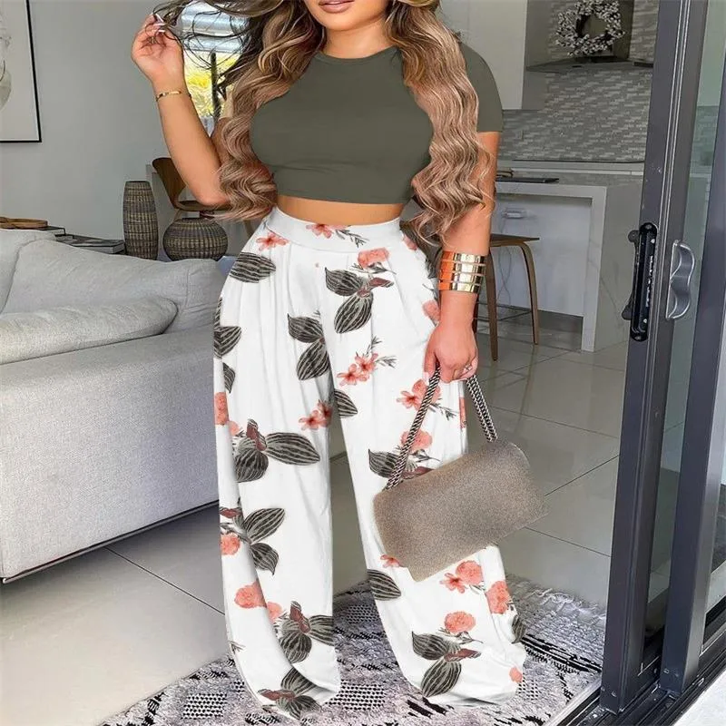 Elegant Short Sleeve Two-Piece Printed Trousers Women's Fashion Casual Wear Breathable Comfortable Polyester Blend display picture 3